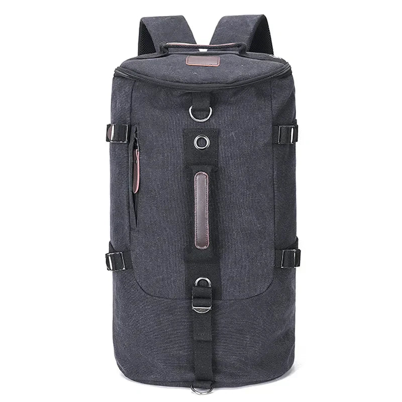 Khaki unisex canvas reisrugzak met grote capaciteit, ideaal voor duurzaam reizen en avonturen in de natuur.
