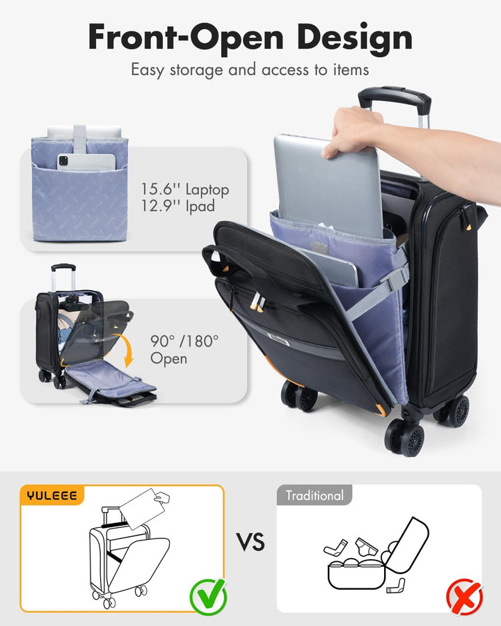 Deze handbagage koffer is een onderstoel trolley met spinnerwielen en een ruim laptopvak, ideaal voor reizen.