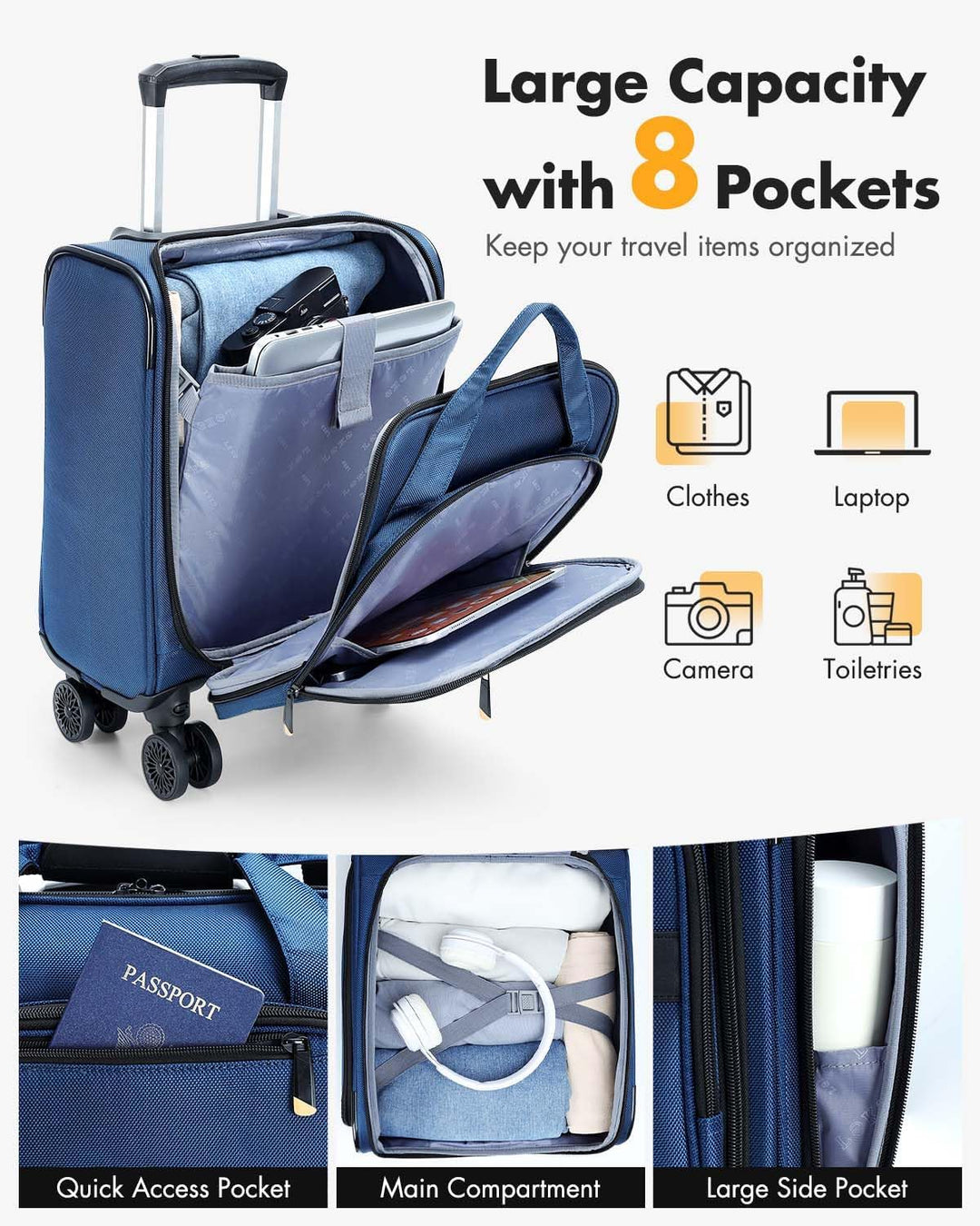 Handige weekendtas trolley, compacte handbagage koffer met spinnerwielen en speciaal laptopvak.