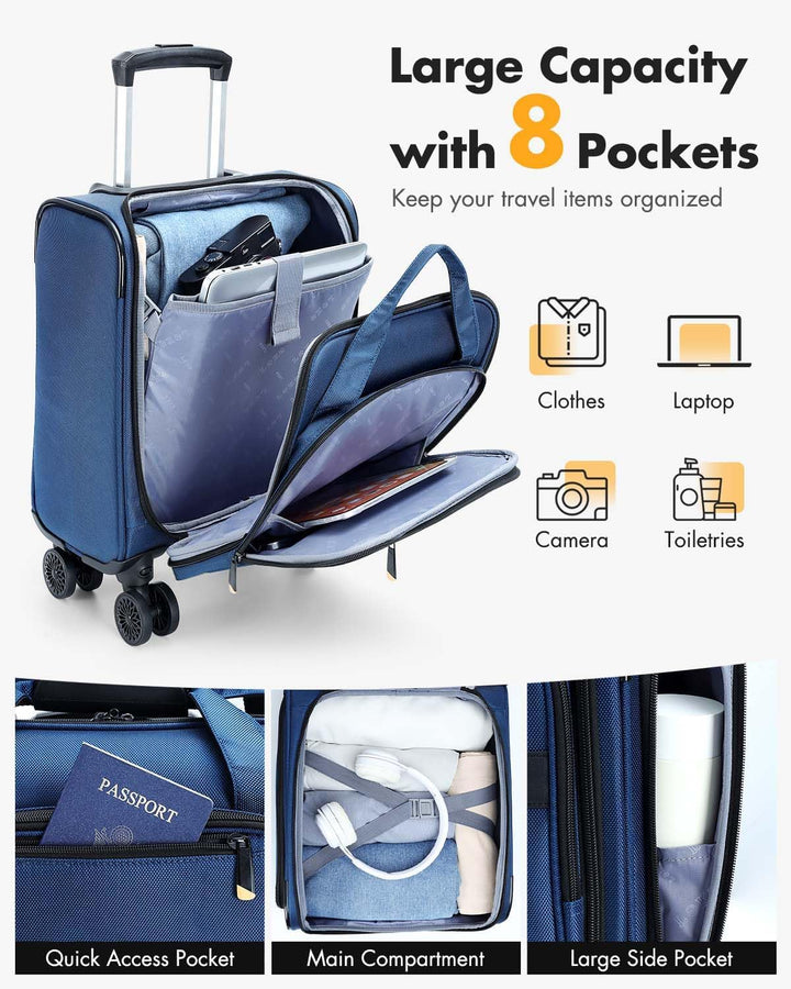 Handige weekendtas trolley, compacte handbagage koffer met spinnerwielen en speciaal laptopvak.