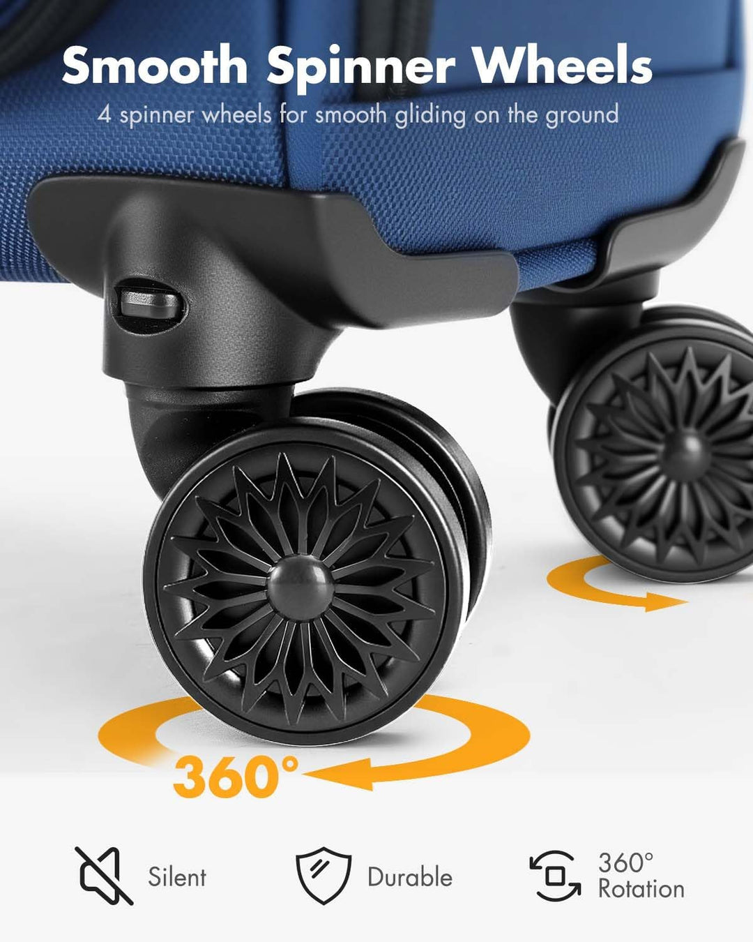 Soepele unisex handbagage trolley met 360° spinnerwielen en snel toegankelijk laptopvak voor reizen.