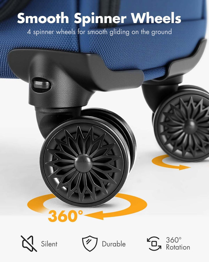Soepele unisex handbagage trolley met 360° spinnerwielen en snel toegankelijk laptopvak voor reizen.