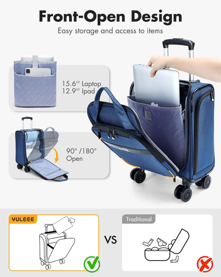 Airline-approved compacte handbagage trolley voor onder de stoel, met laptopvak en sterke spinnerwielen.