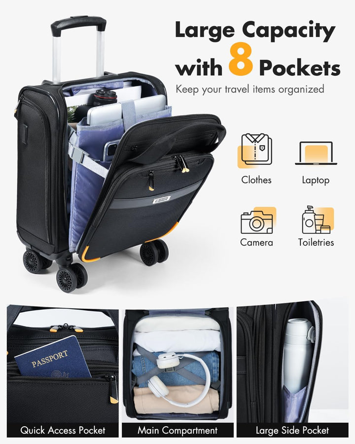 Lichtgewicht handbagage trolley met spinnerwielen, perfect als compacte reistas en heeft een laptopvak.