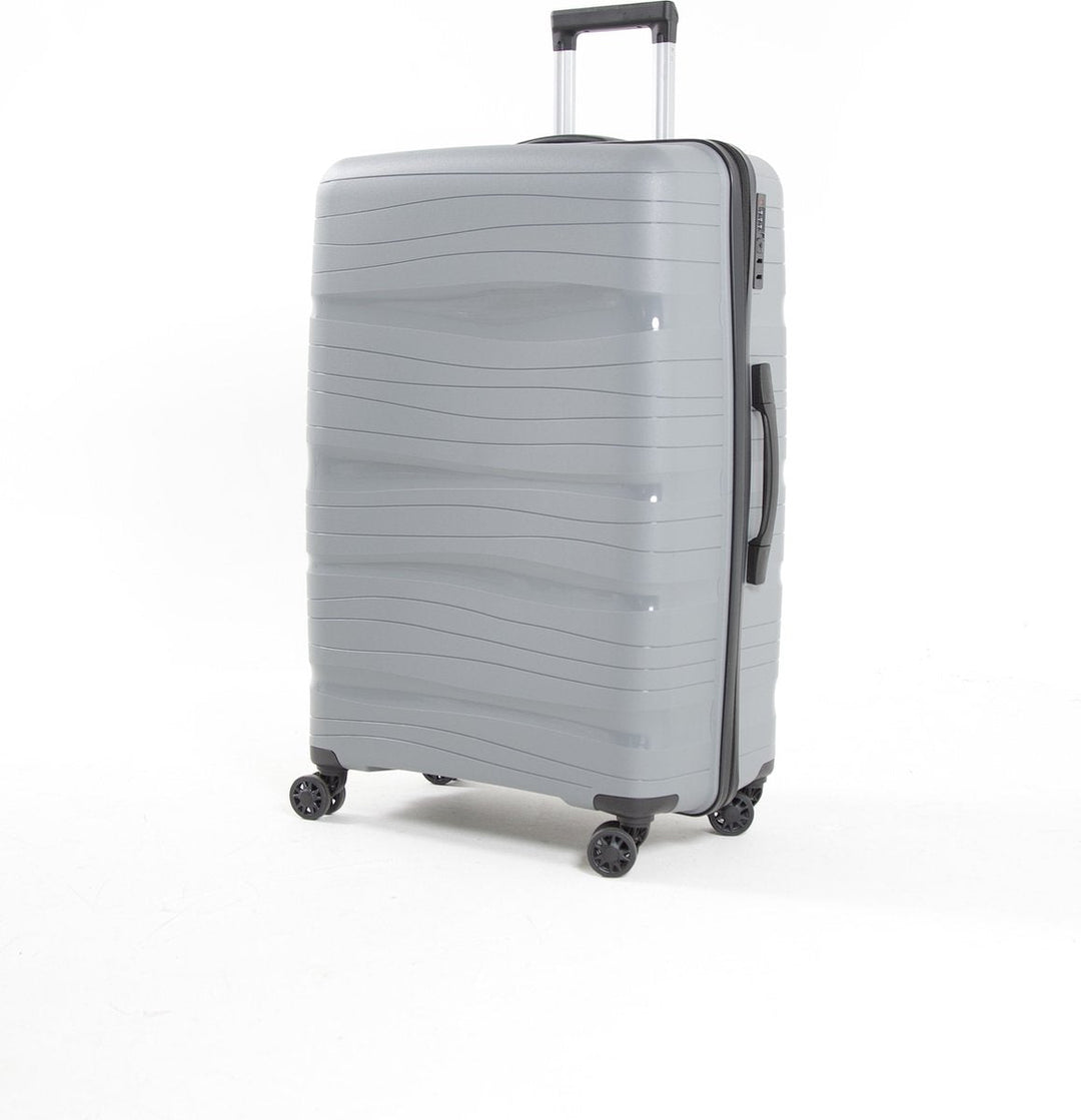 Detail van de stevige ritssluiting en het TSA-slot van de Oslo reiskoffer. Veilige en betrouwbare unisex bagage.