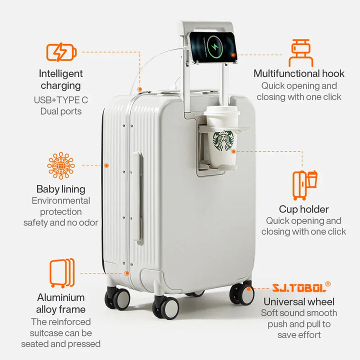 Zwarte hardshell koffer Turin met stevig aluminium frame, TSA slot en geïntegreerde USB poort voor opladen.