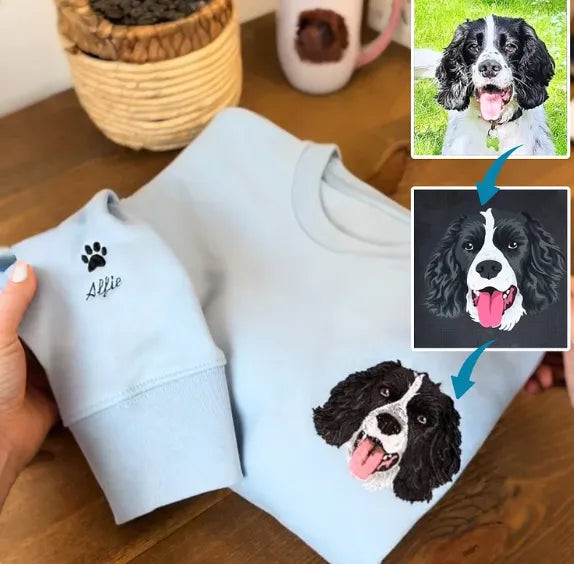 Unisex hoodie met gedetailleerd geborduurde huisdierafbeelding. Een uniek en persoonlijk aandenken aan uw geliefde dier.