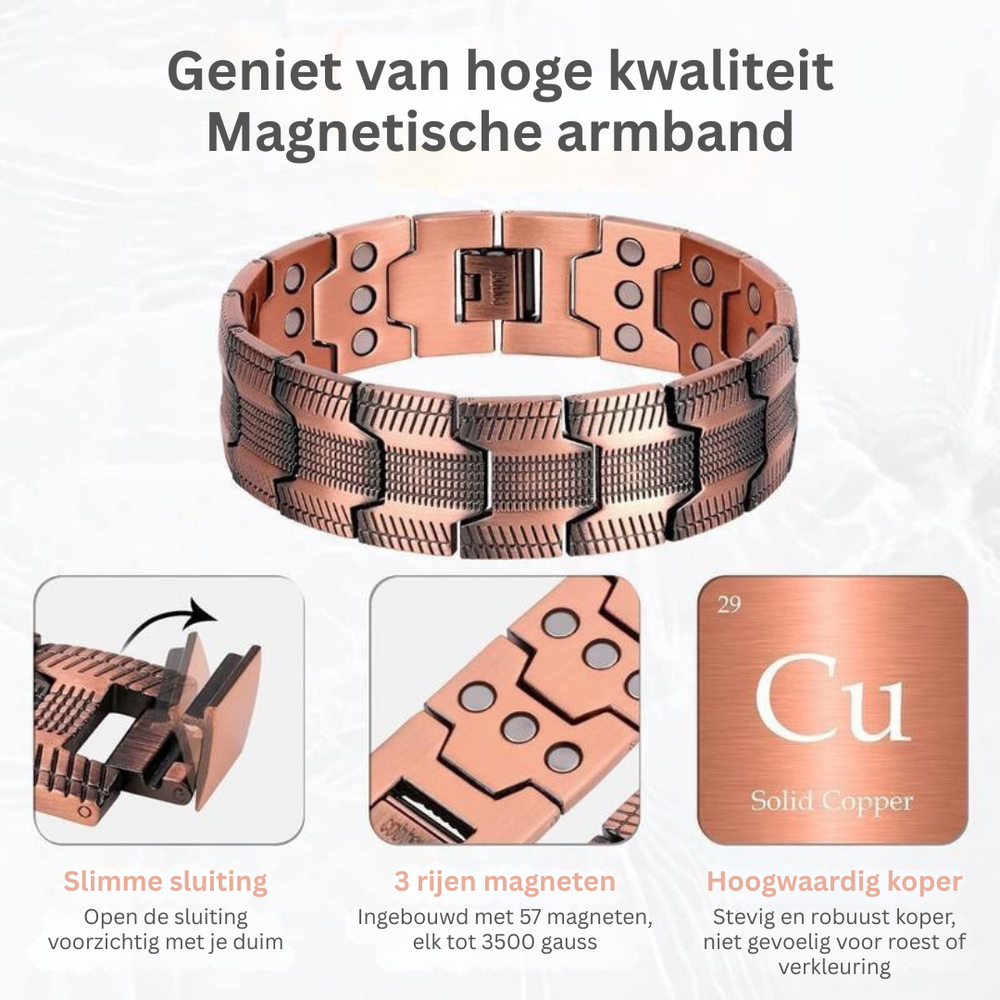 Elegante unisex koperen polsband. Ondersteunt welzijn en gezondheid met magnetische therapie.