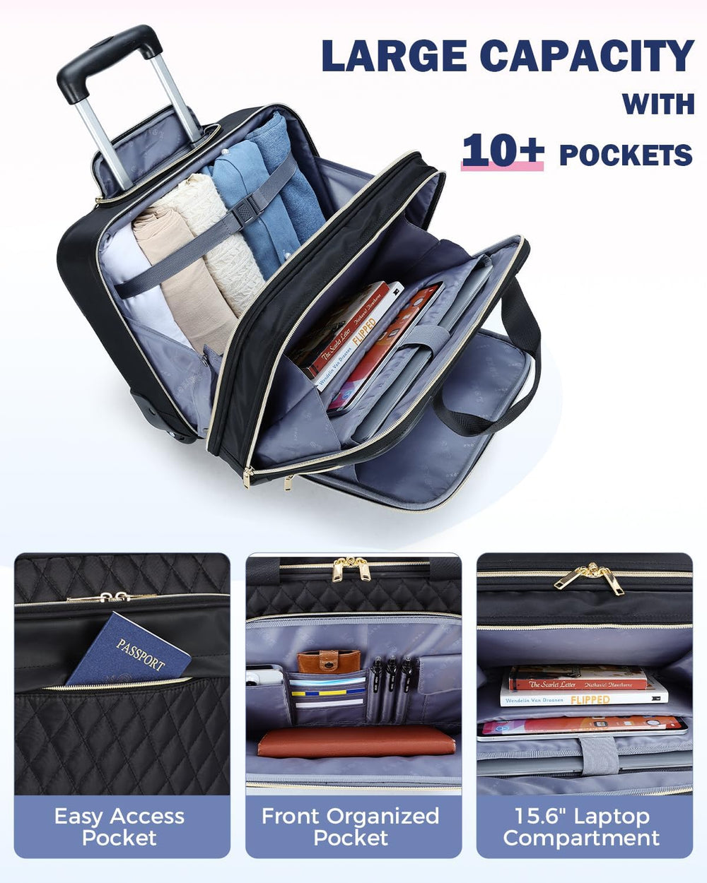 Stijlvolle zwarte laptop trolley met wieltjes voor 15.6" laptop, ideaal voor reizen en zakelijk gebruik.