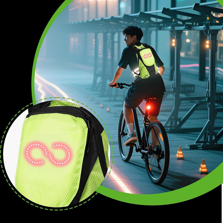 Compacte LED motorfietsrugzak, optimale zichtbaarheid en waterdichte bescherming.