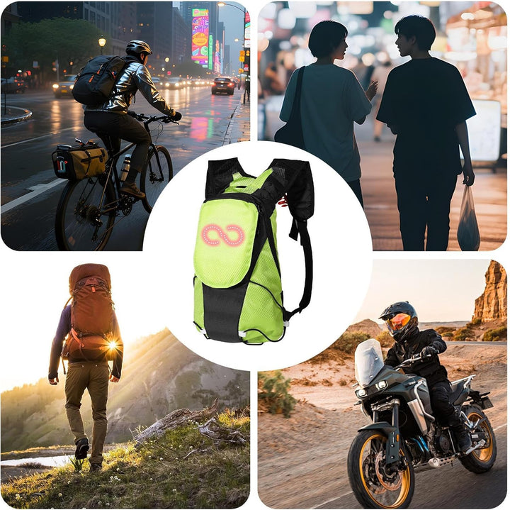 Veilige LED-verlichting op deze robuuste motorfietsrugzak, ideaal voor donkere wegen.