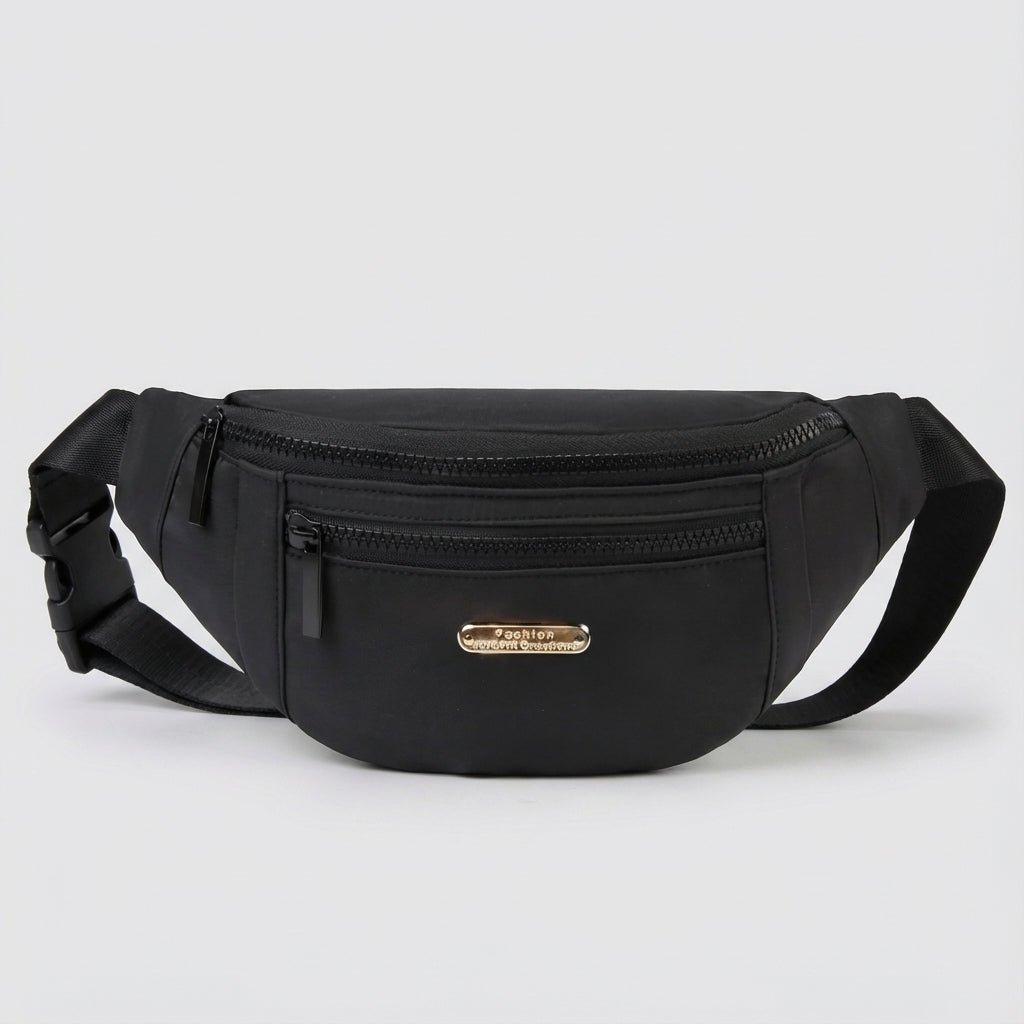 Hoogwaardige nylon heuptas in zwarte kleur, compact en handsfree, geschikt voor mannen en vrouwen.