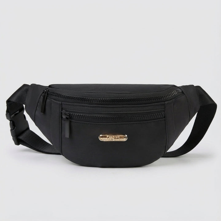 Hoogwaardige nylon heuptas in zwarte kleur, compact en handsfree, geschikt voor mannen en vrouwen.