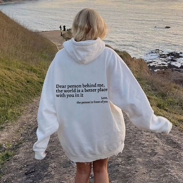 Unisex 'Lieve Persoon Achter Mij' hoodie. Comfortabele sweatshirt met positieve boodschap. Perfecte casual kleding.