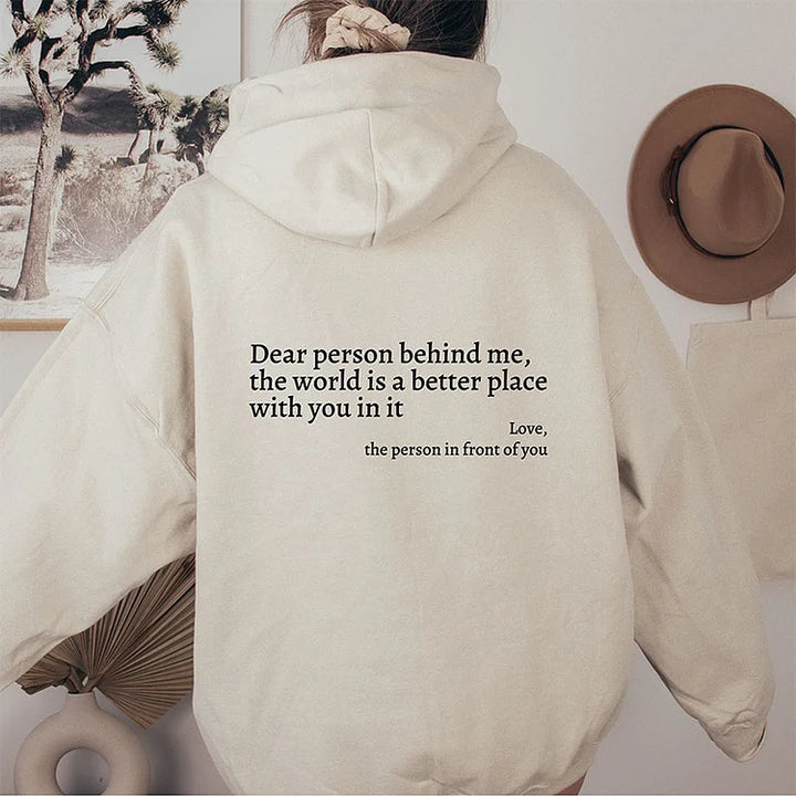 Blauwe 'Lieve Persoon Achter Mij' hoodie, een uniek cadeau. Comfortabele unisex sweatshirt die inspireert tot vreugde.