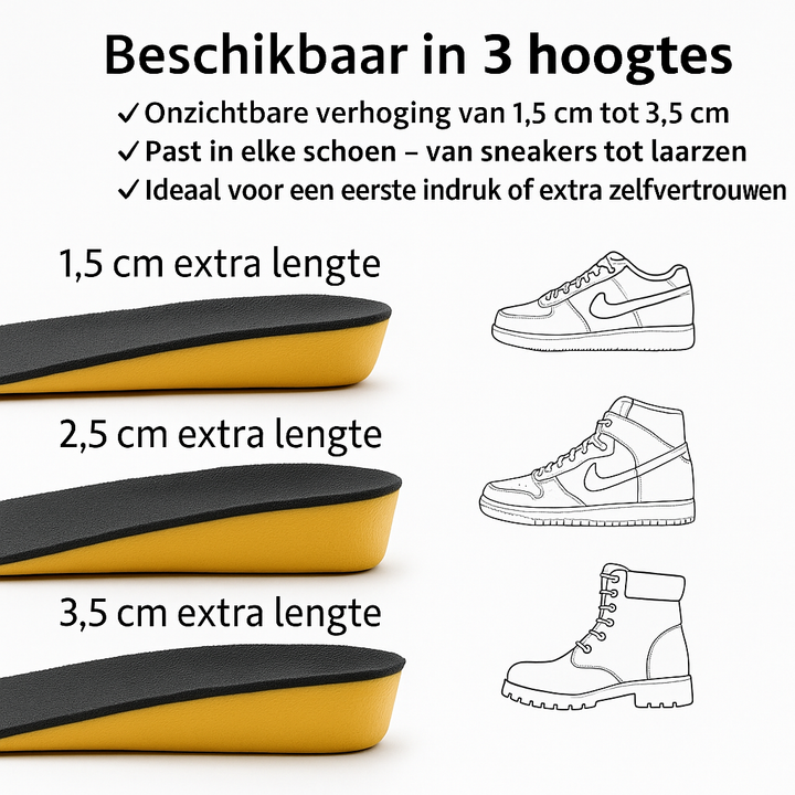 Verstelbare unisex inlegzolen voor lengteverhoging; onzichtbaar comfort en perfect voor diverse schoenen.