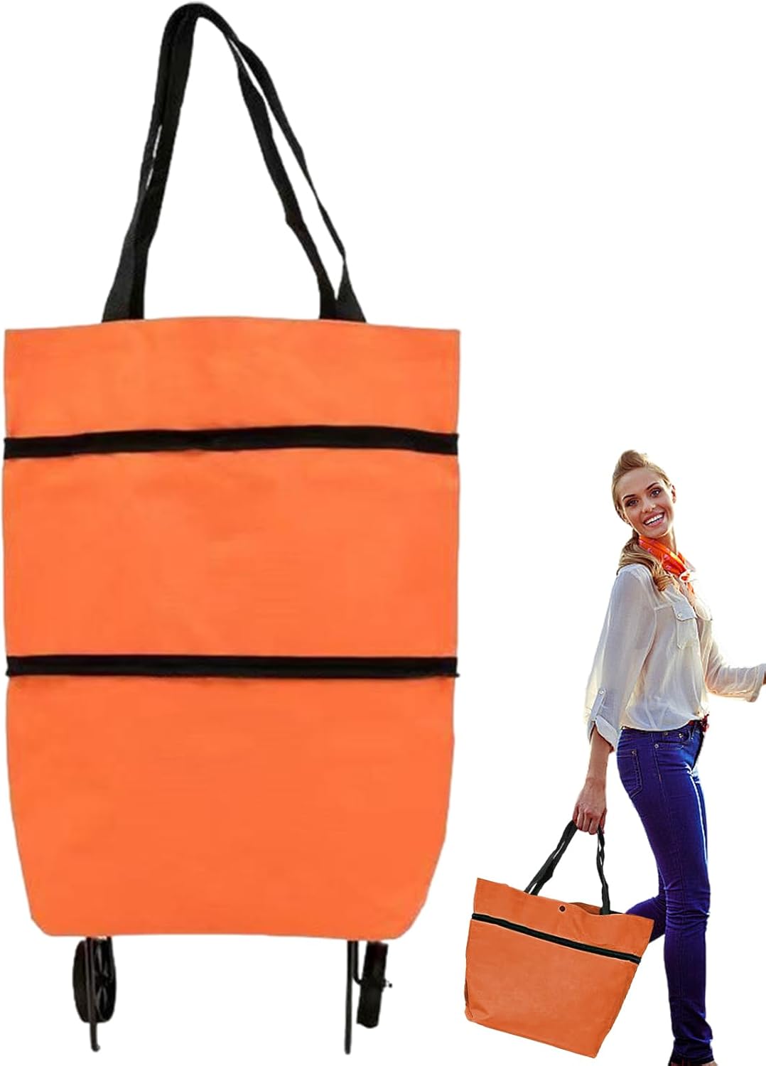 Oranje opvouwbare boodschappentas met wielen, een slimme winkeloplossing.