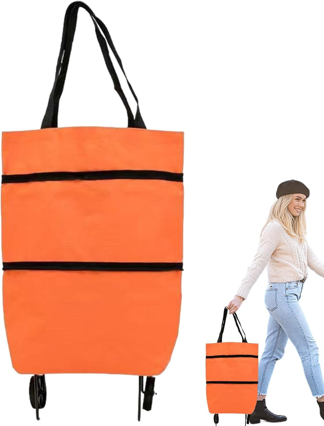 Oranje opvouwbare boodschappenkar, met extra vakken voor kleine spullen.