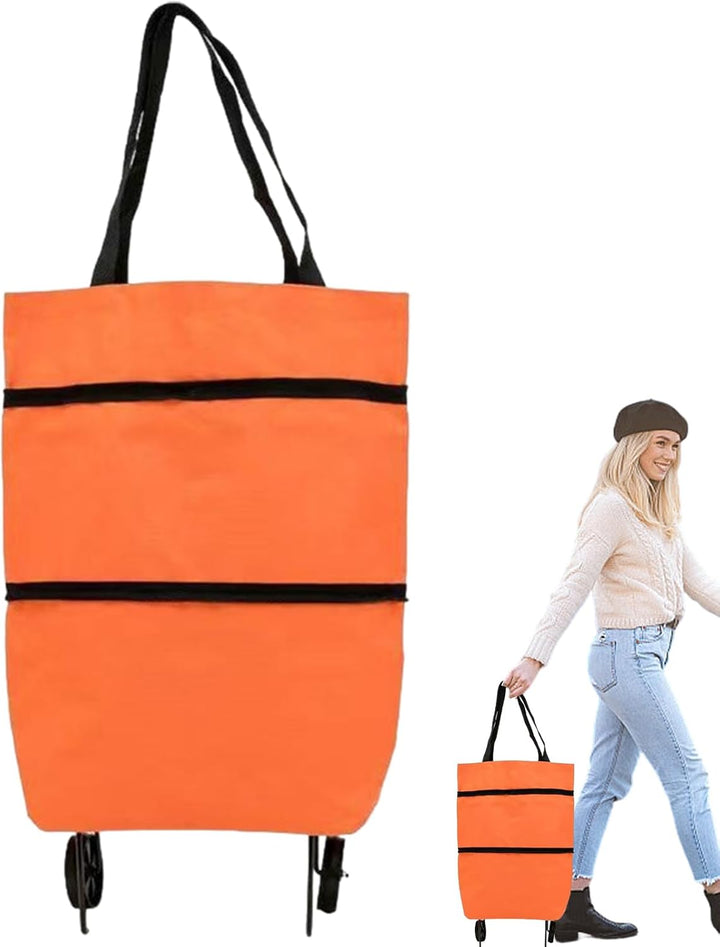 Oranje opvouwbare boodschappenkar, met extra vakken voor kleine spullen.