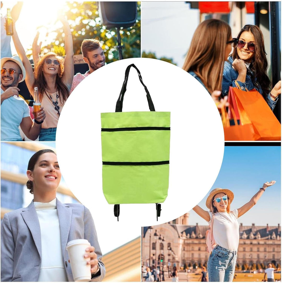 Groene opvouwbare wieltas, duurzaam en perfect voor milieubewuste shoppers.