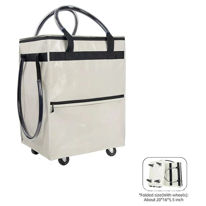 Compacte opvouwbare winkelzak met wielen; gemakkelijk op te bergen en mee te nemen voor boodschappen.