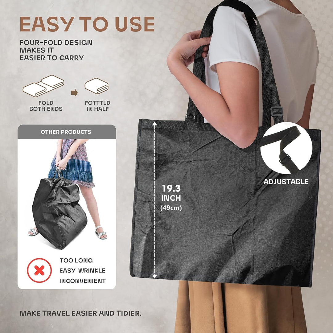 Unisex reiskledingzak in gebruik, hangend in een hotelkamer, met schone kleding.