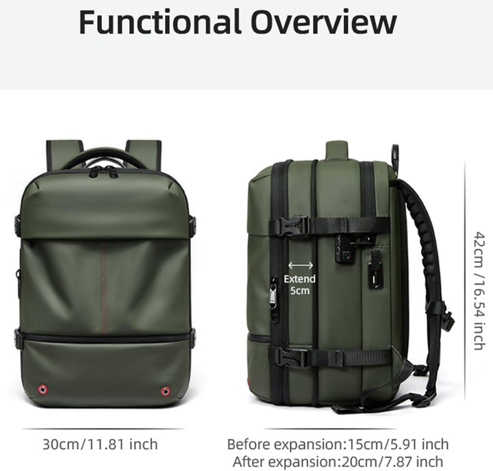 Modieuze reisrugzak, waterdicht en unisex. Met vacuümcompressie en uitbreidbare capaciteit.