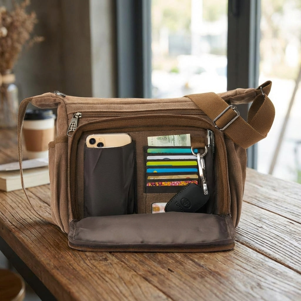 Unisex RFID blokkerende messenger tas van duurzaam canvas, ideaal voor veilig dagelijks gebruik.