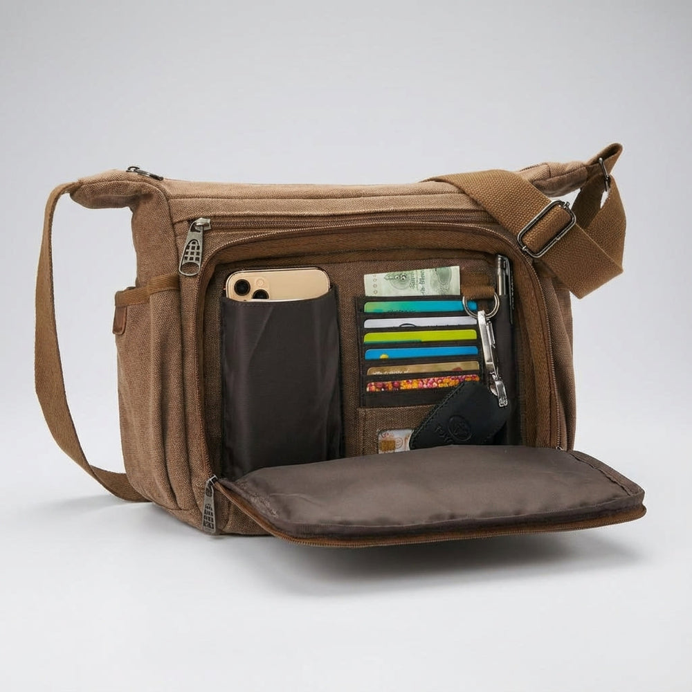 Stijlvolle canvas messenger tas met RFID bescherming, perfect voor laptop en documenten.