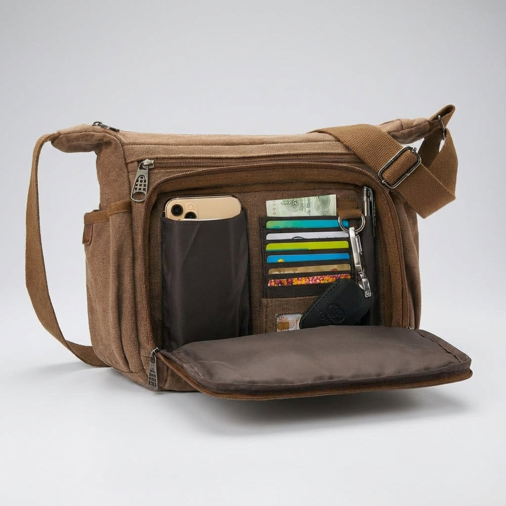 Stijlvolle canvas messenger tas met RFID bescherming, perfect voor laptop en documenten.