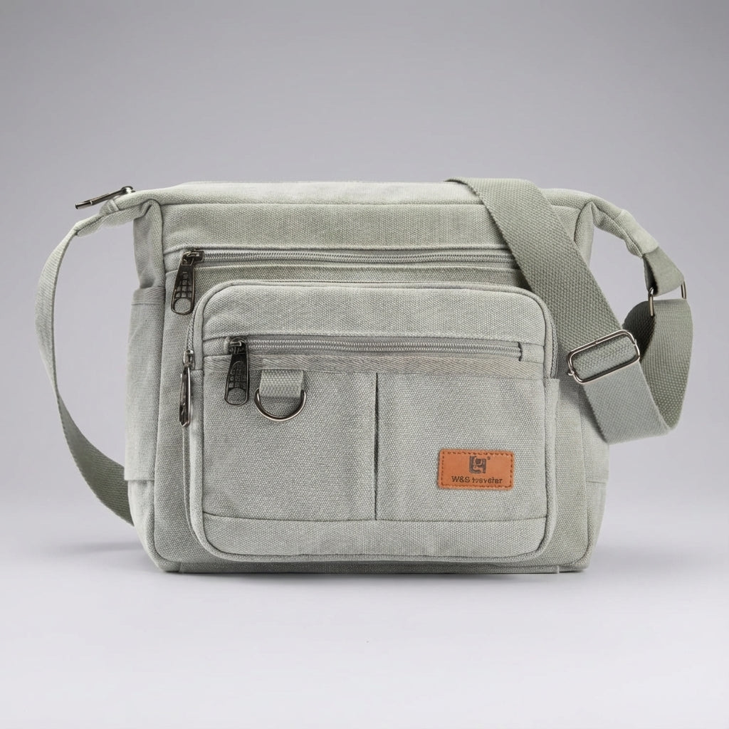 Slimme messenger bag met meerdere compartimenten en ingebouwde RFID blokkering.