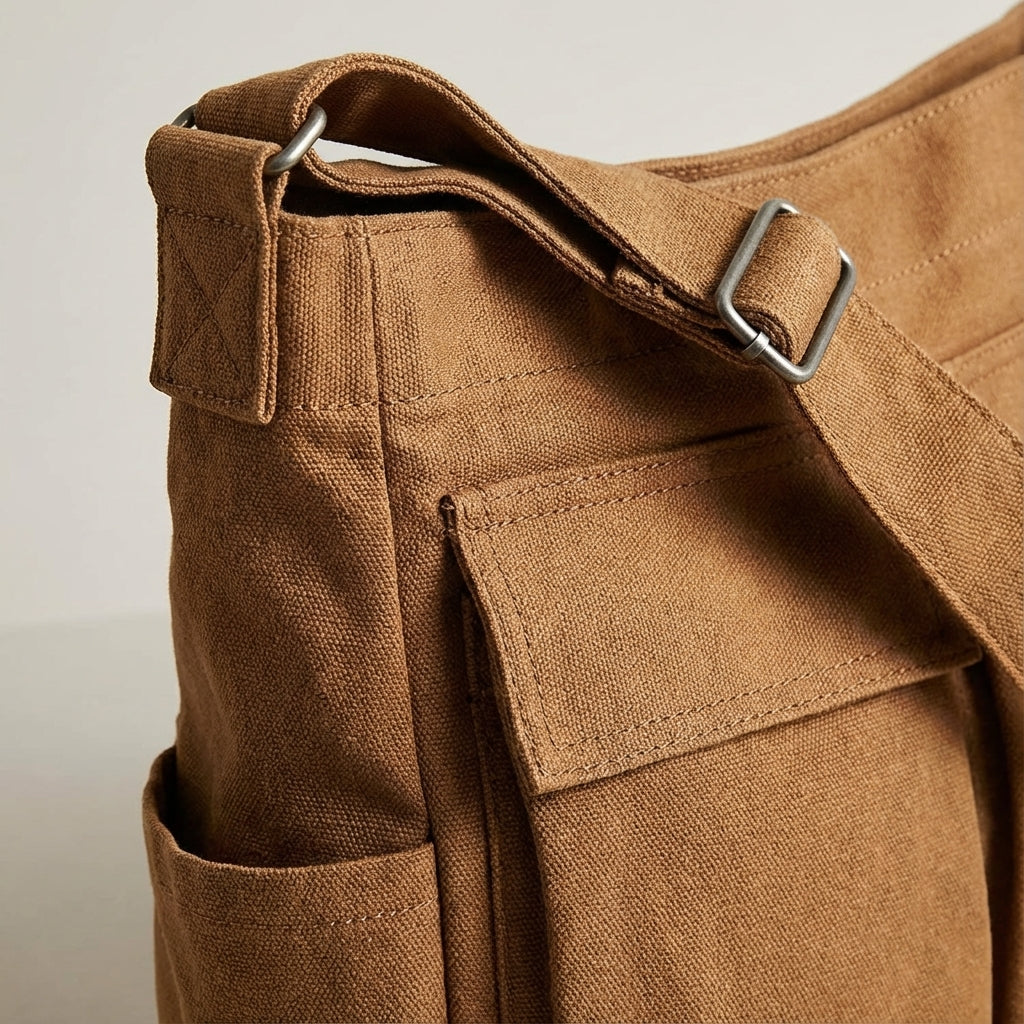 Close-up van de duurzame canvas stof van deze unisex schoudertas met verstelbare riem en vele vakken.