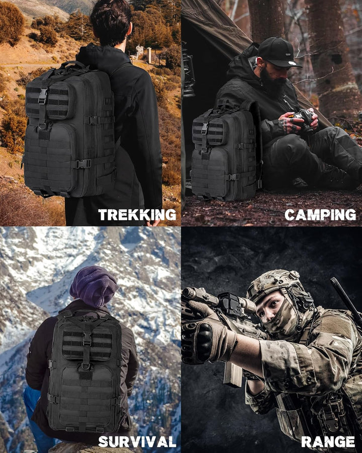 Functionele 35L tactische rugzak in actie, toont gebruiksgemak en veelzijdigheid voor reizen en outdoor.