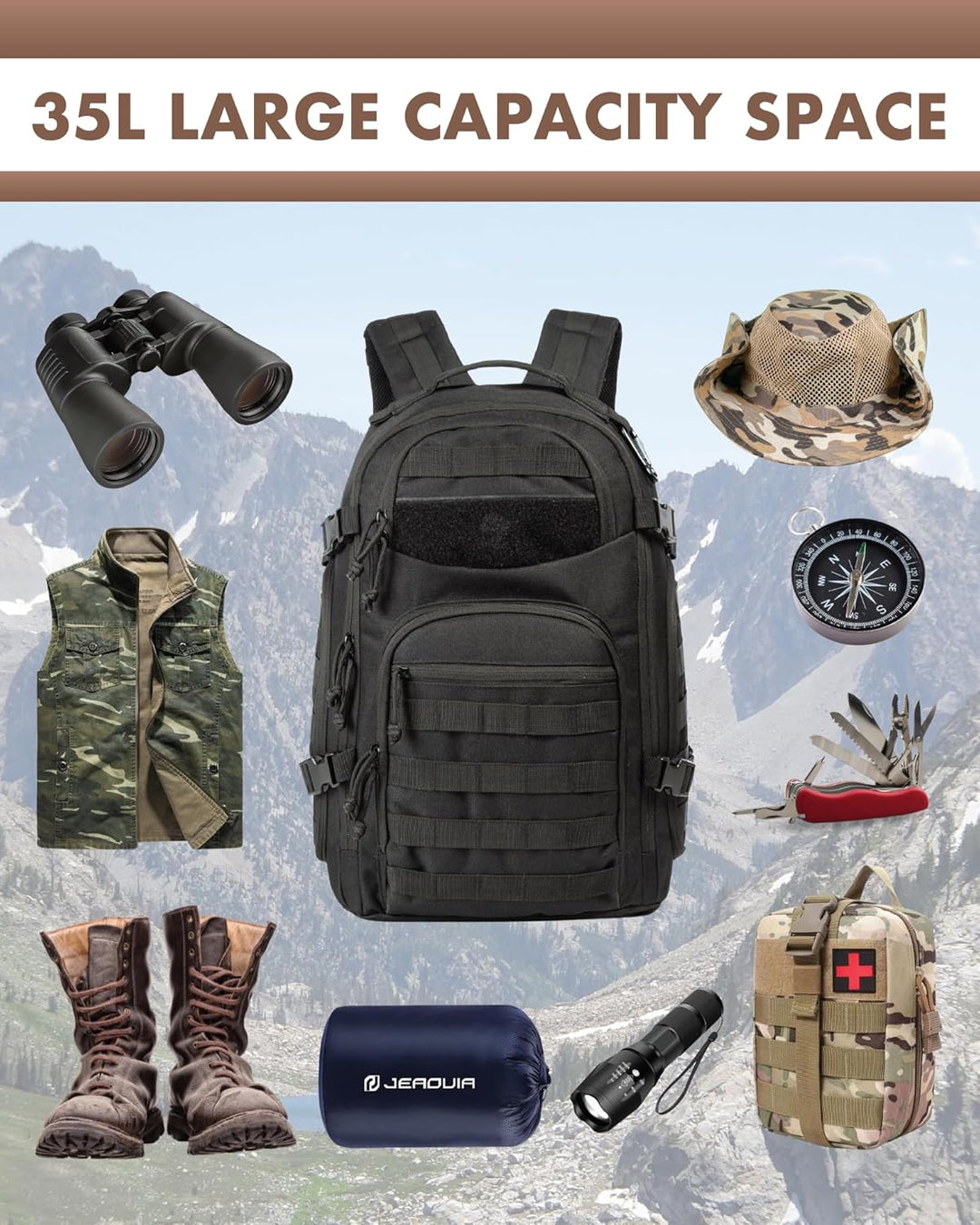 Ergonomisch ontworpen 35L outdoor rugzak, biedt ultiem draagcomfort tijdens lange wandelingen en kampeertochten.