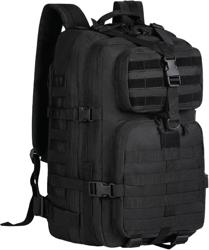 Ruime 35L tactische dagrugzak open, toont opslag voor al je wandelen en kampeerbenodigdheden.