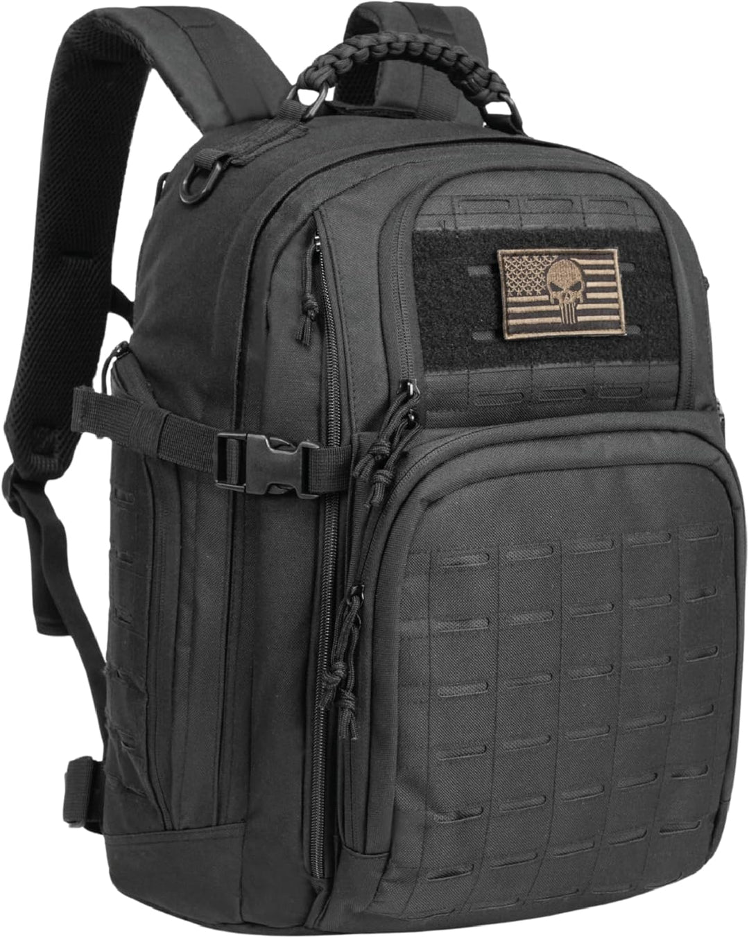 Unisex legerstijl rugzak 35L op de rug, comfortabel voor lange outdoor reizen en avontuurlijke tochten.