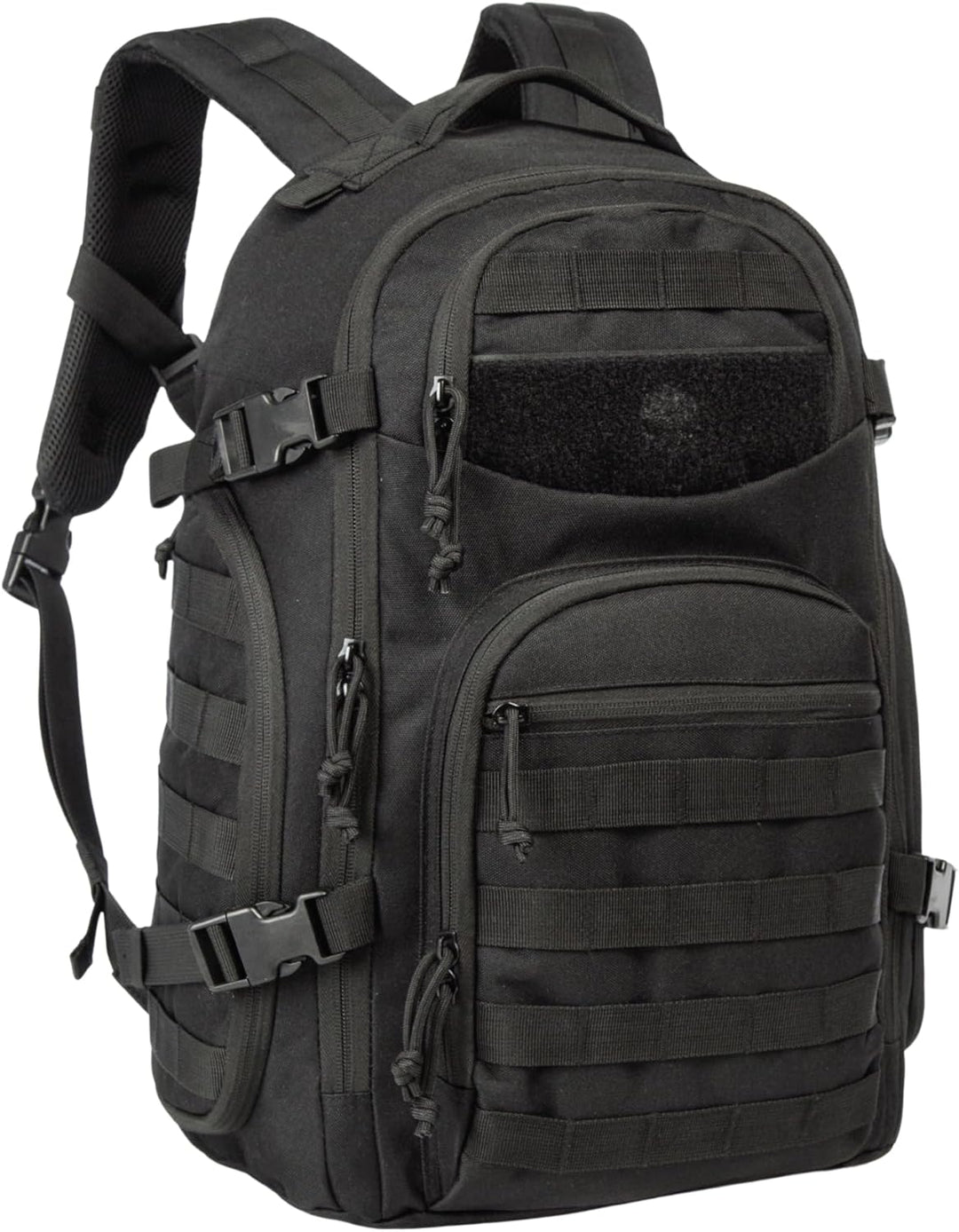 Close-up Molle systeem op de 35L tactische rugzak, uitbreidbaar voor extra opslag en gear tijdens wandelen.
