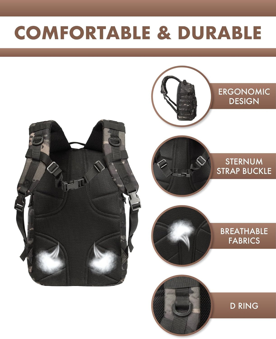 Tactische rugzak 35L met meerdere vakken en georganiseerde opslag, ideaal voor wandelen en reizen.