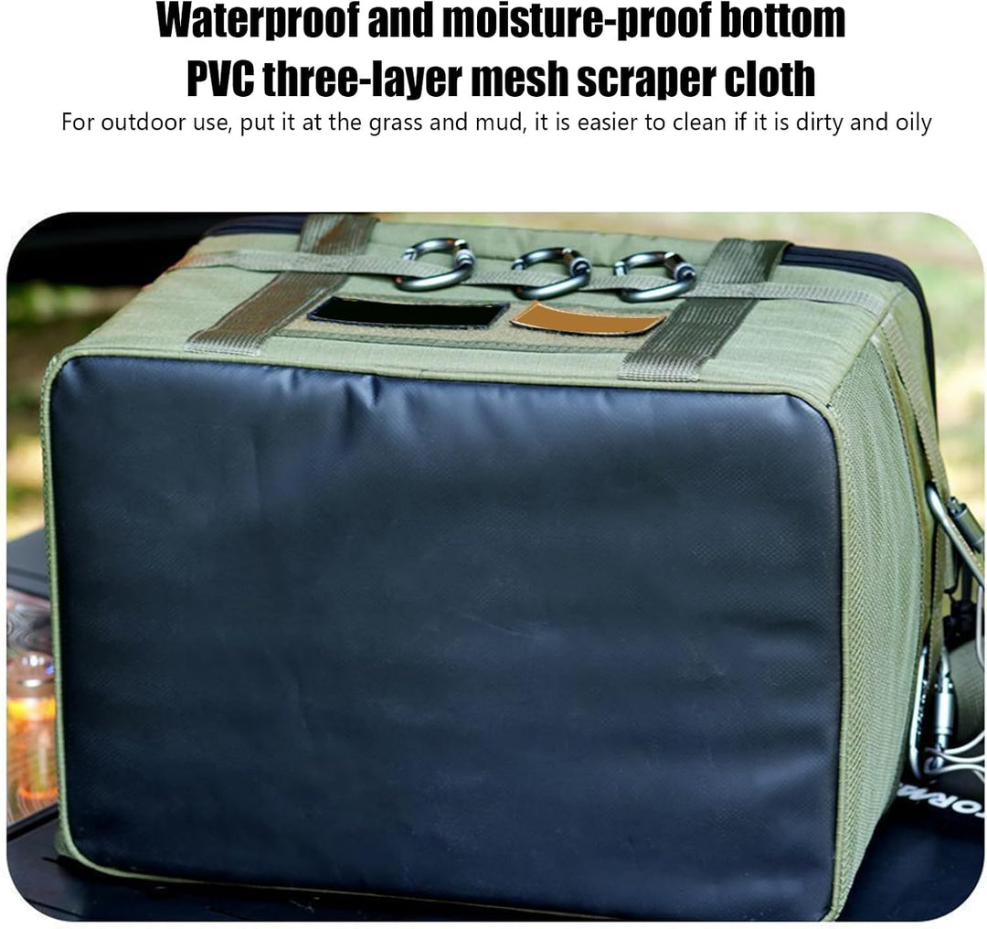 Zwarte Tarvos kampeer duffeltas, klaar voor gebruik in de natuur. Robuuste reistas met tafel voor avontuur.