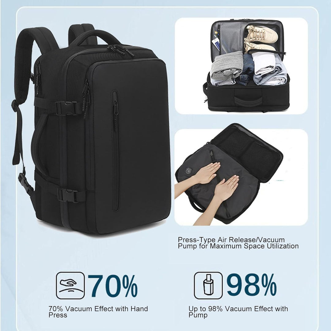 Reiziger met unisex Dravion reisrugzak (56-75L). Comfortabel, waterbestendig en ideaal voor weekendtas of lange reizen.