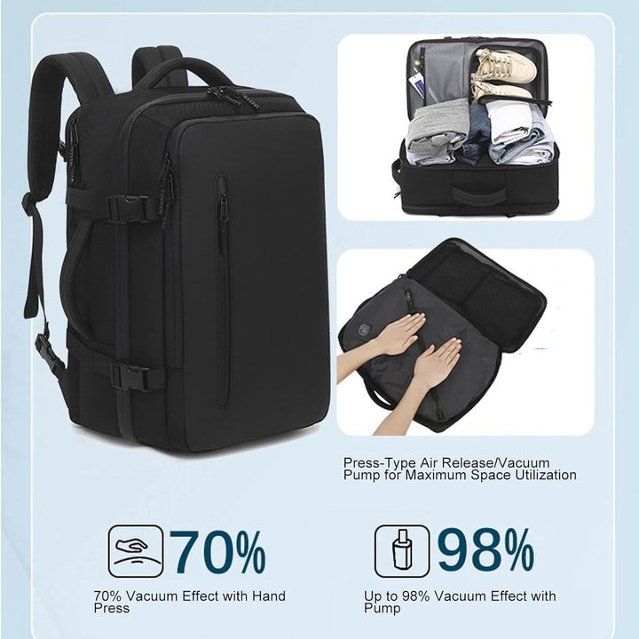 Reiziger met unisex Dravion reisrugzak (56-75L). Comfortabel, waterbestendig en ideaal voor weekendtas of lange reizen.