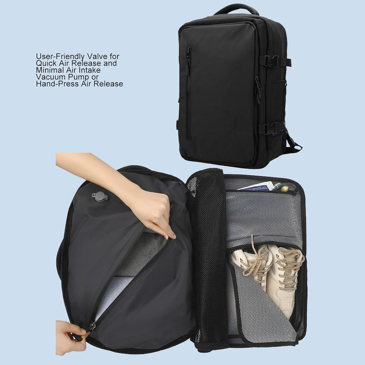 Grote capaciteit (56-75L) van deze unisex reisrugzak met vacuümcompressie, toont de ruime opslagmogelijkheden.