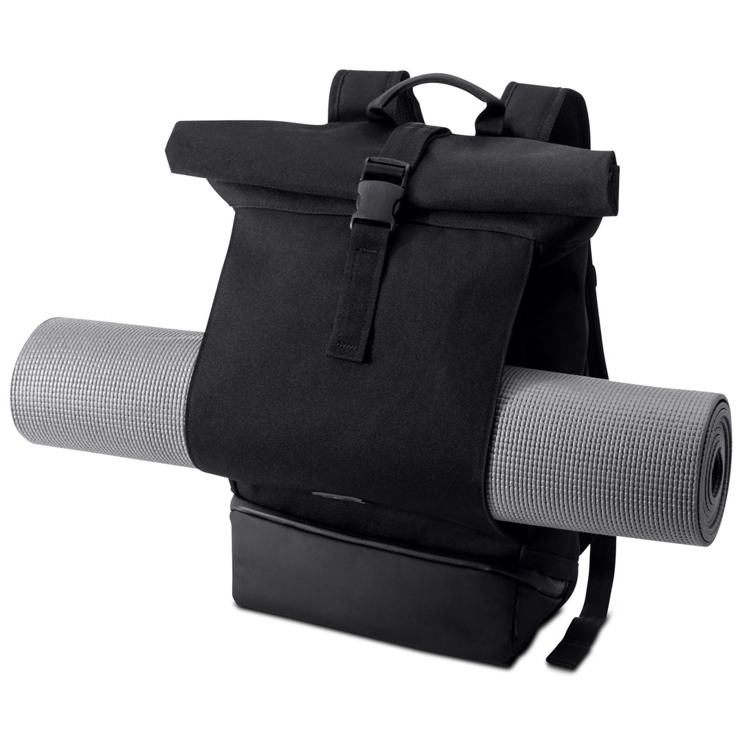 Robuuste UrbanFlow rolltop rugzak, geschikt als reistas of werktas.