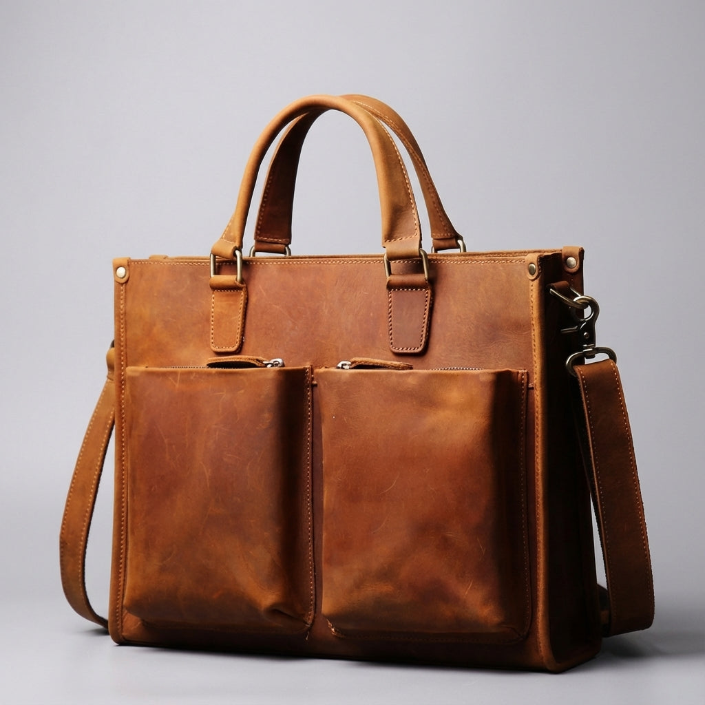 Georganiseerde vintage leren laptoptas, unisex, met meerdere vakken voor documenten en laptop; ideaal voor kantoor.