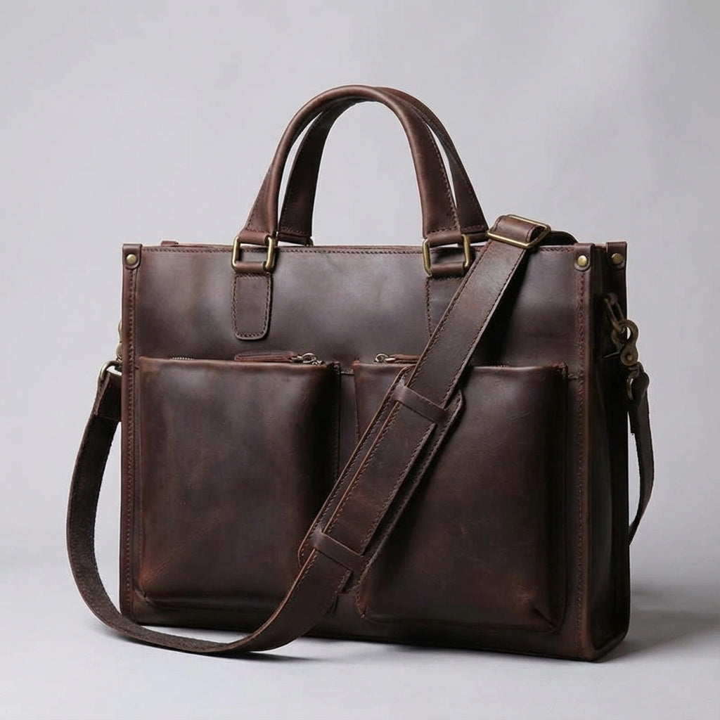 Duurzame vintage leren reistas/laptoptas, unisex, perfect voor georganiseerd onderweg zijn met al je benodigdheden.