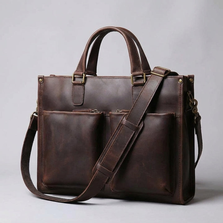 Duurzame vintage leren reistas/laptoptas, unisex, perfect voor georganiseerd onderweg zijn met al je benodigdheden.