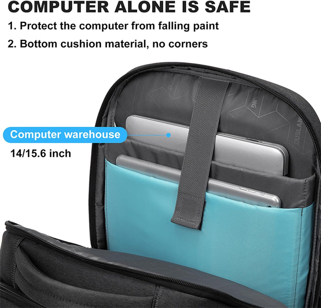 Geopende unisex laptop- en reistas toont georganiseerde vakken voor 15-inch laptop, tablet en reisbenodigdheden.