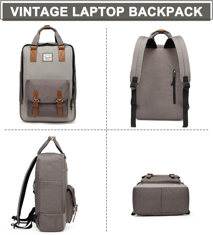 Model draagt unisex waterdichte 15.6" vintage laptop rugzak; ideaal voor stadsgebruik en woon-werkverkeer.