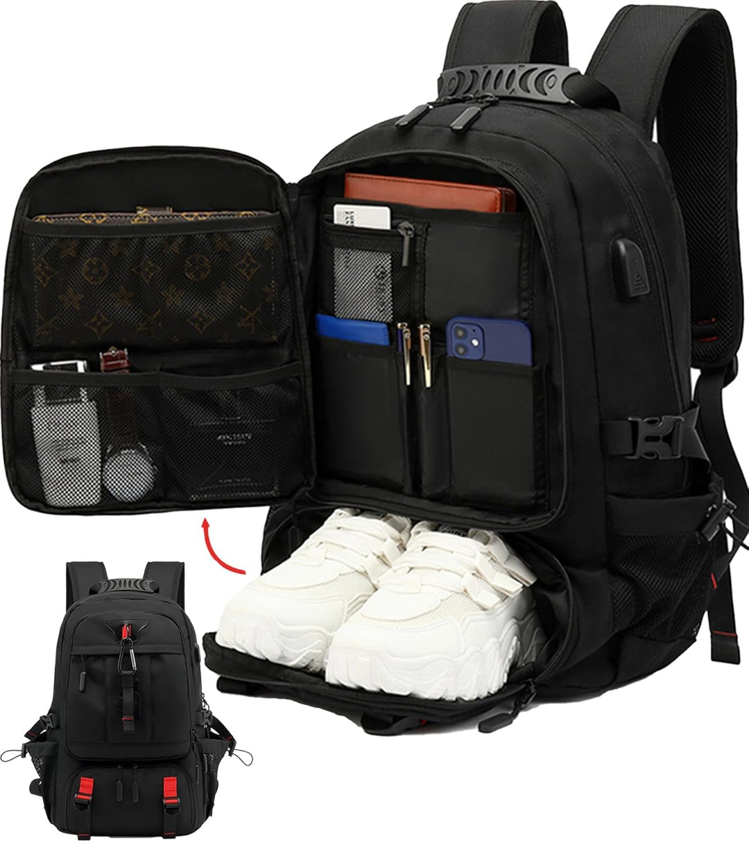 Unisex waterdichte 60L laptoprugzak met USB-poort en schoenvak, ideaal voor reizen, werk of school.