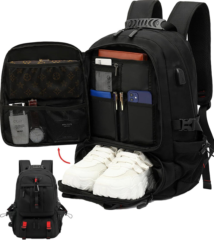 Unisex waterdichte 60L laptoprugzak met USB-poort en schoenvak, ideaal voor reizen, werk of school.